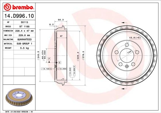 Stabdžių būgnas BREMBO 14.D996.10