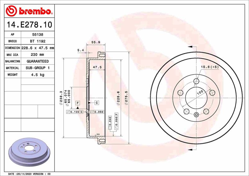 Stabdžių būgnas BREMBO 14.E278.10